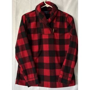Chaps Shawl Neck Pullover Fleece Jacket‎ Red Buffalo Plaid Medium